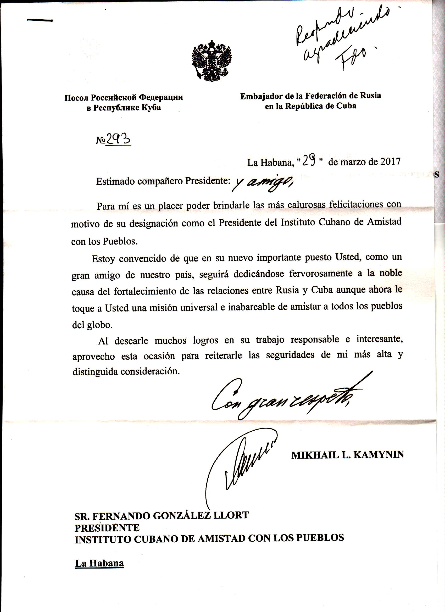 Carta de felicitación del embajador de la Federación de 